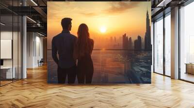 A couple enjoys a breathtaking sunset view from a high-rise balcony. The stunning skyline features iconic city buildings. Perfect for romance and adventure. AI Wall mural