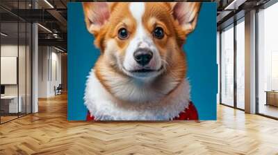 A cute corgi in a festive red Santa outfit poses against a solid blue background. This playful image captures holiday cheer and joy, perfect for pet lovers and Christmas themes. AI Wall mural