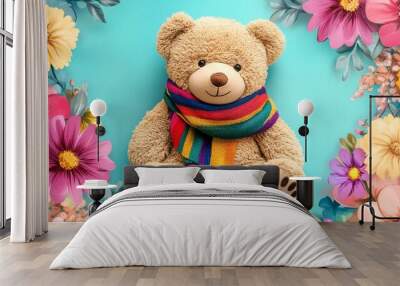 A cute plush teddy bear sitting against a bright blue background. Surrounded by colorful flowers, this adorable bear wears a cheerful rainbow scarf. Perfect for kids or gifting. AI Wall mural