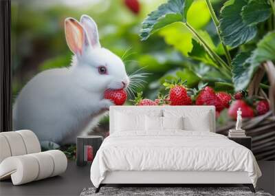 A cute white rabbit enjoying fresh strawberries in a lush garden. The soft fur contrasts beautifully with the vibrant red fruit. Perfect for nature and animal lovers. AI Wall mural