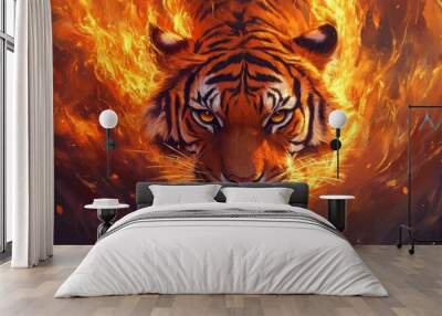 A fierce tiger emerges from swirling flames. The image captures the power and intensity of this majestic creature. Perfect for art, prints, and digital media. AI Wall mural