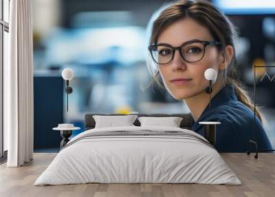 A focused woman in glasses works at a modern desk. She looks confidently at the camera, showcasing her professional environment. Perfect for business and tech concepts. AI Wall mural