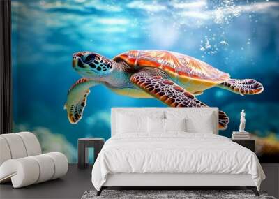 A graceful sea turtle glides through clear blue waters. This stunning underwater image captures the beauty of marine life. Perfect for ocean-themed projects and nature lovers. AI Wall mural