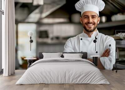 A happy male chef stands proudly in a modern restaurant kitchen. He wears a classic white uniform and a chef hat. This image captures the essence of culinary passion and professionalism. AI Wall mural