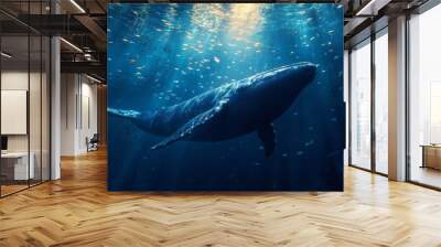 A majestic whale swims gracefully through the deep blue ocean. Sunlight filters down, creating a magical shimmering effect. This ethereal underwater scene captivates the viewer. AI Wall mural