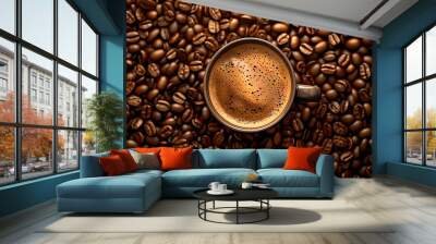 A rich espresso cup on a bed of coffee beans. Ideal for cafes or coffee shops. Vibrant and inviting. AI Wall mural