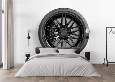 A sleek black car wheel shown from above. This image captures modern design and high performance. Perfect for automotive enthusiasts and product promotions. AI Wall mural