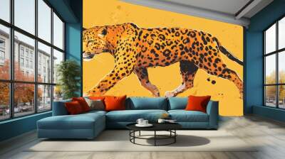 A striking illustration of a leopard walking gracefully against a vibrant yellow background. This artwork captures the beauty and fierceness of wildlife. Perfect for animal lovers. AI Wall mural