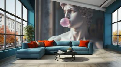 A striking sculpture of a muscular figure with an expressive face. The playful detail of bubble gum adds a modern twist to classic artistry. Ideal for creative projects and artistic purposes. AI Wall mural