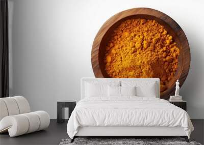 A vibrant bowl of turmeric powder showcases a bright yellow color. Ideal for culinary or wellness contexts. This image highlights natural spices in a clean, minimalistic style. AI Wall mural