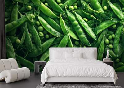 A vibrant close-up of fresh green pea pods arranged neatly. The lush textures and colors create a natural and organic feel. Perfect for healthy eating themes and food photography. AI Wall mural