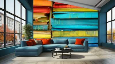 A vibrant collection of old books stacked neatly. This colorful display showcases various shades of red, yellow, green, and blue. Perfect for education or literature themes. AI Wall mural