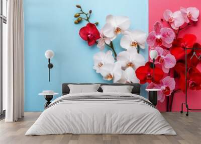 A vibrant display of mixed orchids in red, white, and pastel blue tones. This image combines floral beauty with a modern style. Perfect for decor, inspiration, or nature themes. AI Wall mural