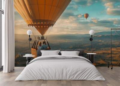 A vibrant hot air balloon floats above a picturesque landscape at sunset. This image captures adventure and freedom. Perfect for travel and leisure themes. AI Wall mural