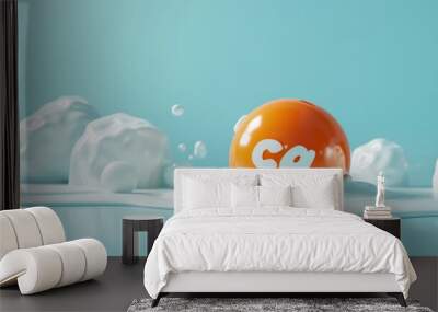 A vibrant orange egg rests in a splash of creamy white liquid. The egg is marked with ca. This stylized image showcases a modern, playful approach to food. Perfect for culinary art. AI Wall mural