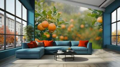 A vibrant orange orchard in the rain. The lush green trees are heavy with ripe oranges, glistening under raindrops. This scene captures the beauty of nature. AI Wall mural