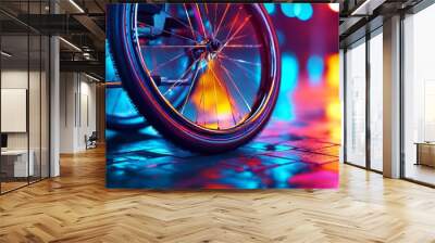 A vibrant wheelchair wheel stands out in colorful urban lights. The reflections create an artistic view. This image captures movement, accessibility and urban life. AI Wall mural