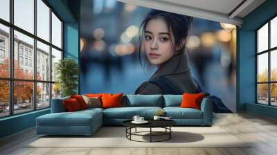 A young woman glances back with a subtle expression in a bustling city atmosphere. Her casual style conveys a sense of urban adventure. The scene captures life and spontaneity. AI Wall mural