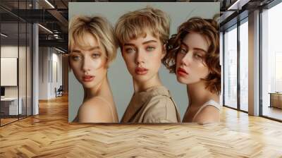 Aesthetic portrait of three young women with short hair. Modern and stylish. Elegant beauty in close-up. Ideal for fashion and lifestyle themes. Showcases trendy hairstyles and makeup. AI Wall mural