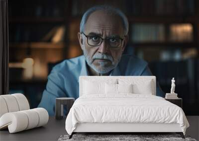 An elderly man gazes thoughtfully. He wears a blue shirt and glasses. The dimly lit room filled with books adds depth. This image evokes wisdom and reflection. AI Wall mural