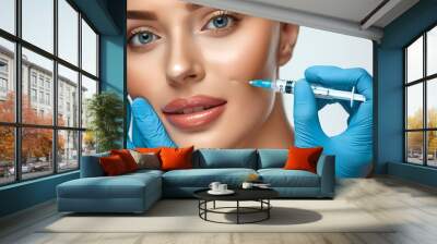 Beauty treatment with a syringe. Close up of face getting an injection. Face care and rejuvenation procedure. Medical aesthetics. AI Wall mural