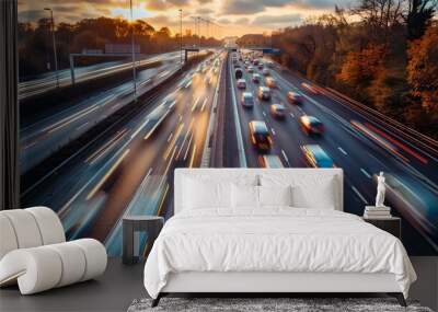 Busy Highway at Sunset with Blurred Car Lights, Rush Hour Traffic in Motion. Urban Transportation Concept. Photographed in the Evening. AI Wall mural