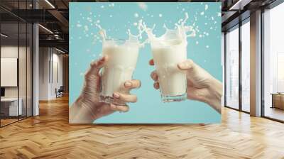 Celebrating joy with milkshake cheers. Two hands clink glasses filled with frothy beverages. A fresh and fun style. Perfect for food blogs or drink promotions. AI Wall mural