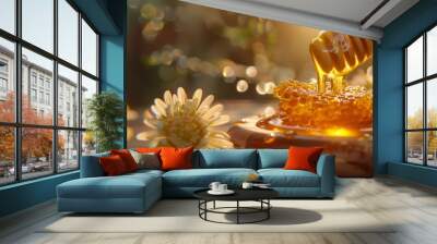 Close-Up of Golden Honey Dripping from Wooden Dipper into Honeycomb with Sunlit Flowers in Background Aesthetic. This image is designed for natural food and lifestyle themes. AI Wall mural