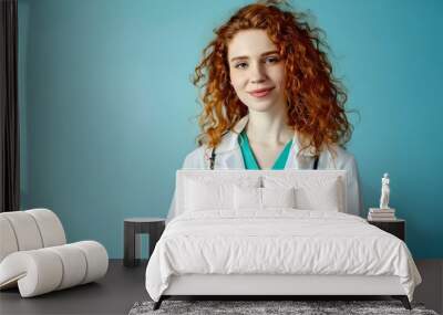 Confident female doctor with curly red hair in white coat and stethoscope. Professional healthcare worker. AI Wall mural