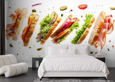 Delicious floating sandwiches with fresh ingredients on a white background. Levitating food concept. Ideal for culinary and lifestyle designs. AI Wall mural