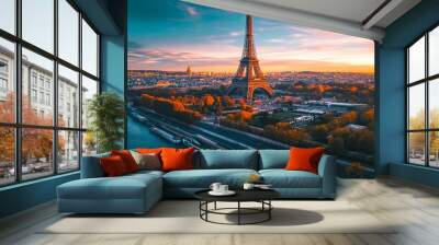 Discover the beauty of Paris with this stunning aerial view. The Eiffel Tower dominates the skyline at sunset, surrounded by the Seine River. Perfect for travel and art lovers. AI Wall mural