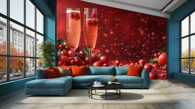 Elegant celebration setting with champagne and berries. festive background, holiday mood. red tones, luxury theme. AI Wall mural