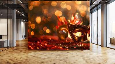 Elegant masquerade mask glittering on a red background. Festive, mysterious atmosphere captured in close-up. Ideal for carnival or costume party themes. AI Wall mural