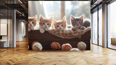 Four adorable kittens sit side by side in a cozy wooden box. Their playful expressions bring joy to any viewer. This cute scene captures the essence of warmth and happiness. AI Wall mural