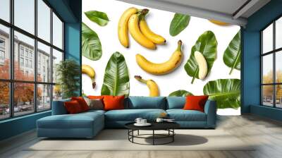 Fresh bananas and tropical leaves isolated on white background. Organic fruit display. Natural food concept in flat lay composition. AI Wall mural