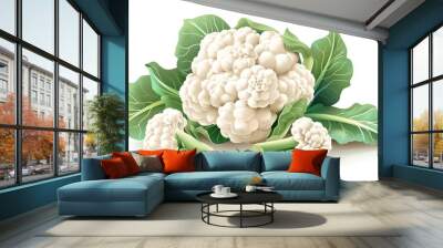 Fresh cauliflower with leaves on white background. Realistic vegetable illustration for food magazine or cooking blog. Healthy eating concept. AI Wall mural