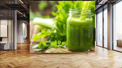 Fresh green celery juice in a glass jar on a rustic wooden table. Healthy lifestyle, natural detox drink. Vibrant colors, outdoor setting. Nutritious and delicious. AI Wall mural