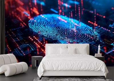 Futuristic digital fingerprint identity verification with bright neon colors. Technology and cybersecurity concept art. AI-generated image ideal for illustrating digital security. AI Wall mural