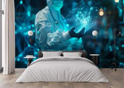 Futuristic science research concept with holographic display. scientist in lab coat interacting with glowing 3D DNA structures. modern laboratory imagery. AI Wall mural