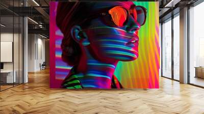 Futuristic woman in sunglasses with vibrant neon stripes. Digital art showcasing colorful light effects on a side profile. Conceptual imagery capturing modern aesthetics and fashion. AI Wall mural