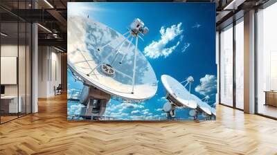 Giant satellite dishes facing a blue sky with clouds, technological communication concept. Capturing signals, modern tech equipment. Broadcasting tools against a clear blue backdrop. AI Wall mural