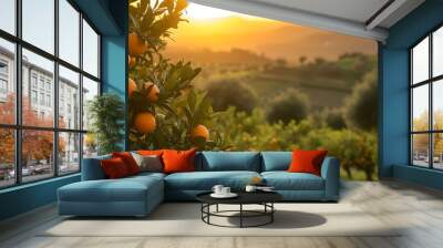 Golden sunrise over lush orange grove with rolling hills backdrop. serene rural landscape, perfect for nature themes. ideal for wallpapers and postcards. AI Wall mural