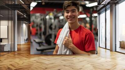 Happy young man at the gym holding a towel. Fitness enthusiast in a vibrant gym setting. Positive atmosphere and motivational scene in a modern fitness center. Health and wellness. AI Wall mural