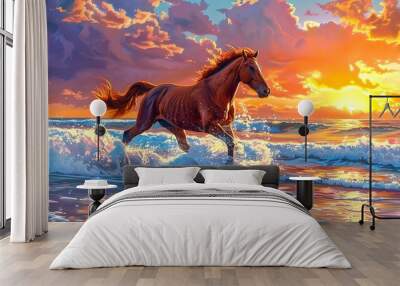 Majestic horse galloping in the surf at sunset. Vivid colors painting a peaceful scene. Perfect for nature and animal themes. AI Wall mural