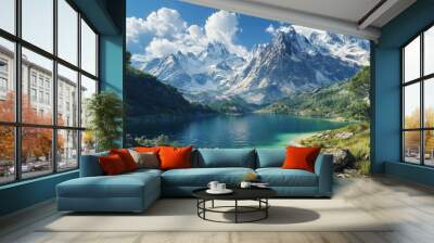 Majestic mountains rise above a serene lake surrounded by vibrant green trees. The scene captures the beauty of nature and the peacefulness of the landscape. Explore this stunning vista. AI Wall mural