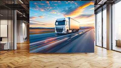 Modern truck driving on a highway during sunset. This high-resolution, digitally crafted image shows transportation and logistics concepts. Ideal for marketing materials and industry presentations. AI Wall mural