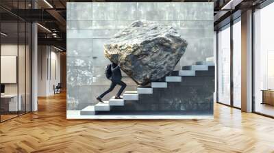 Person carrying a heavy boulder up the stairs. Concept of challenge and perseverance. Symbol of strength and determination. Useful for motivational themes. AI Wall mural