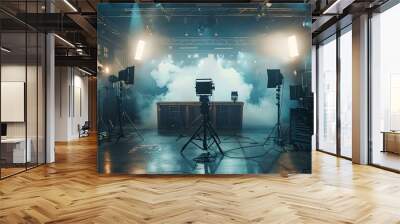 Professional film set with modern lighting equipment and atmospheric smoke. behind-the-scenes movie production. cinematic ambiance. studio shoot in action. AI Wall mural