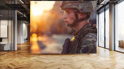 Serene dusk ambiance as a young soldier stands vigilant in urban area. military attire and duty during golden hour. contemporary portrait. AI Wall mural