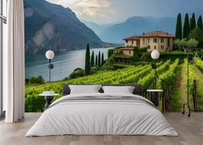 Serene vineyard by the lake at sunset. calm, picturesque landscape with rolling hills. perfect for wine lovers and travel. AI Wall mural